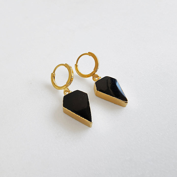 Dainty Black Onyx Diamond Shield Hoop Earrings in Gold & Silver
