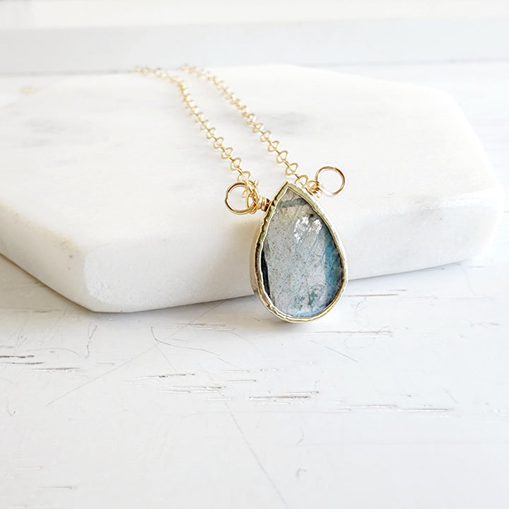 Dainty Smooth Labradorite Teardrop Necklace in Gold