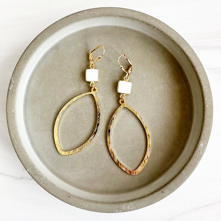 White Agate Bezel and Marquise Statement Earrings in Brushed Brass Gold
