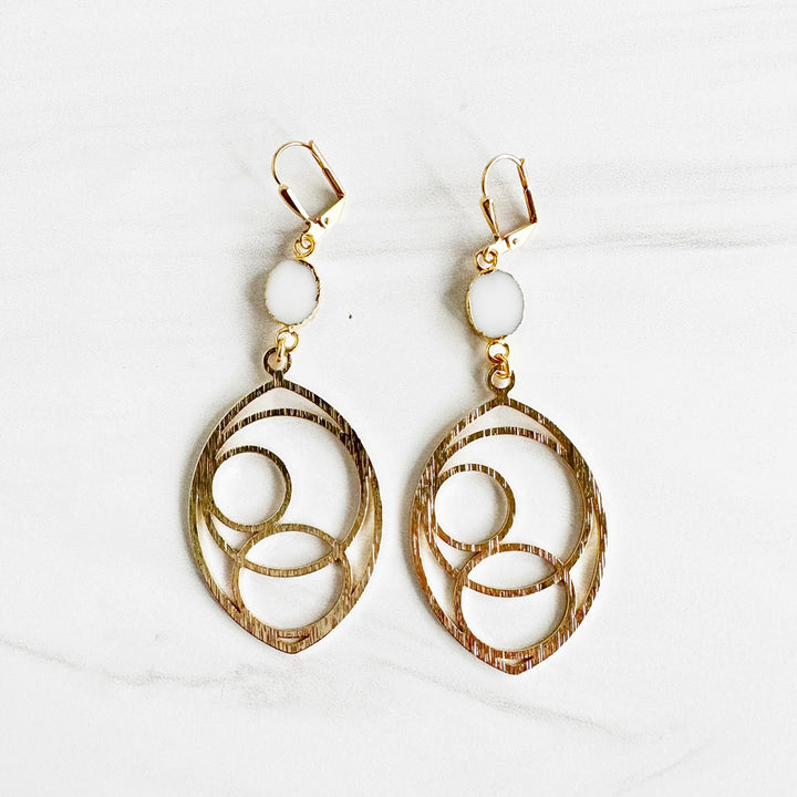 White Agate Marquise Circle Shaped Earrings in Brushed Brass Gold