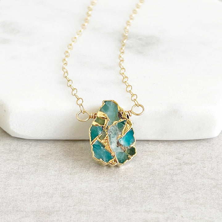 Freeform Teal Mojave Gemstone Slice Necklace in Gold and Silver