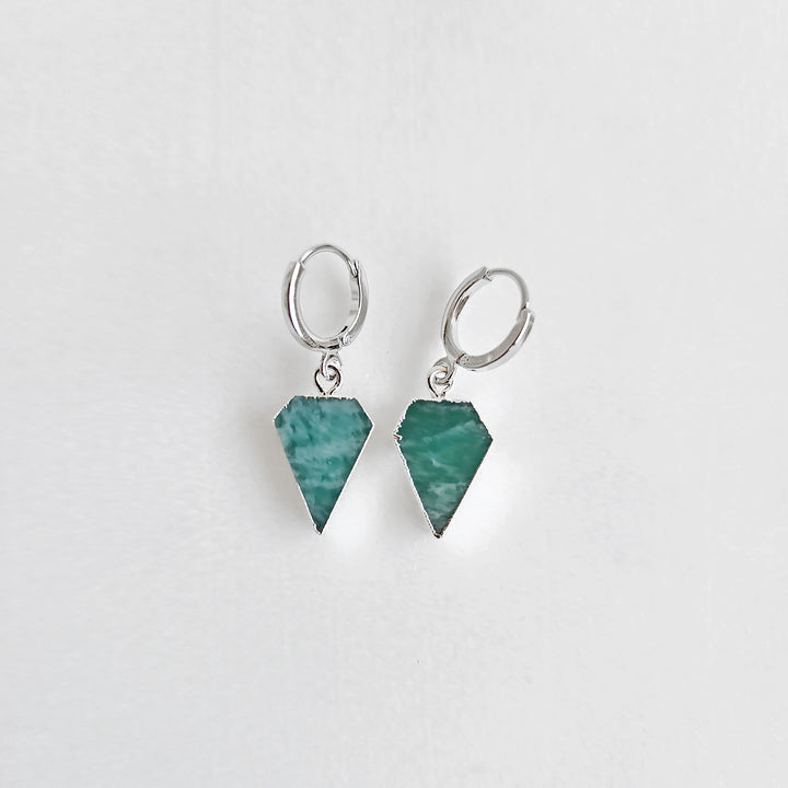 Dainty Amazonite Diamond Shield Dangle Earrings in Gold & Silver. Gemstone Drop Hoop Earrings. Simple Amazonite Earrings