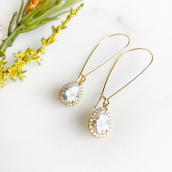 Simple Gold Bridal Drop Earrings. Cubic Zirconia Drops. Elegant Dangle Earrings