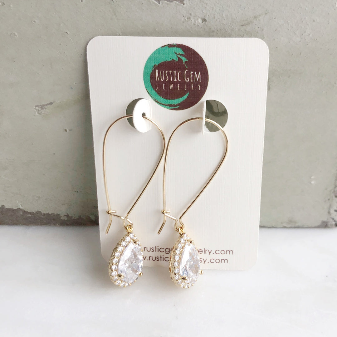 Simple Gold Drop Bridal Earrings. Cubic Zirconia Drop Dangle Earrings in Medium Size