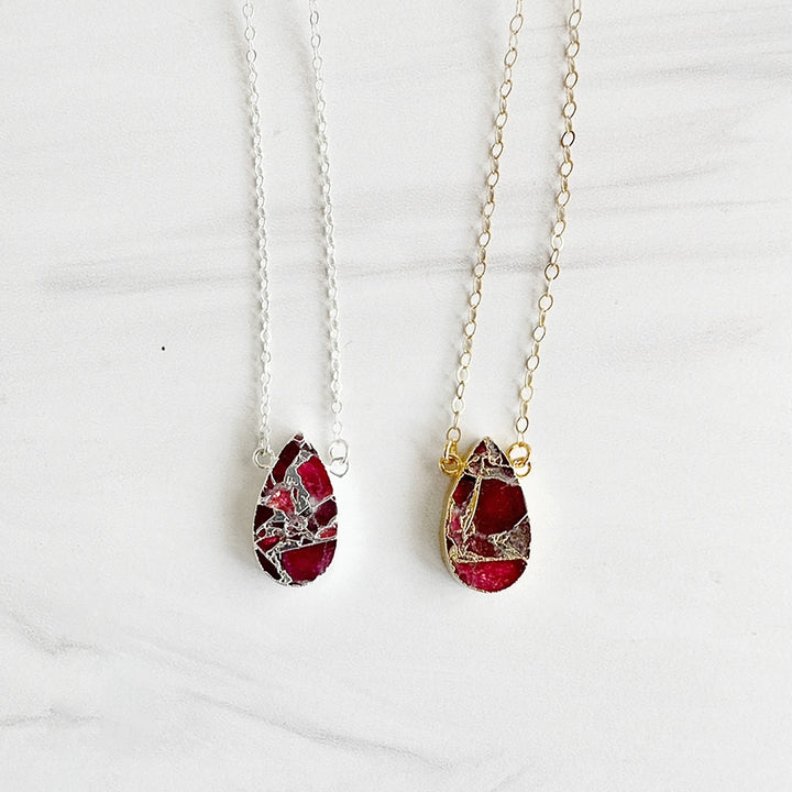 Fuchsia Mojave Teardrop Gemstone Slice Necklace in Gold and Silver