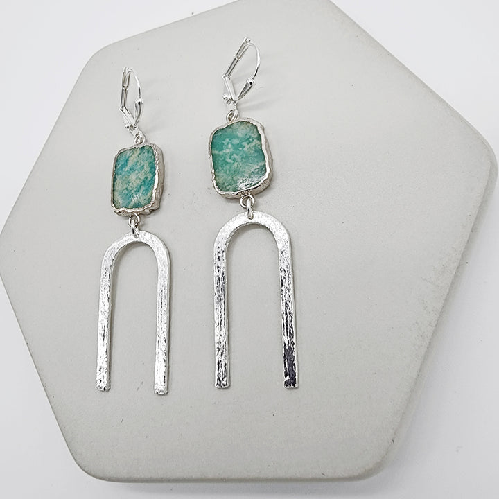 Amazonite Slice Horseshoe Earrings in Brushed Silver