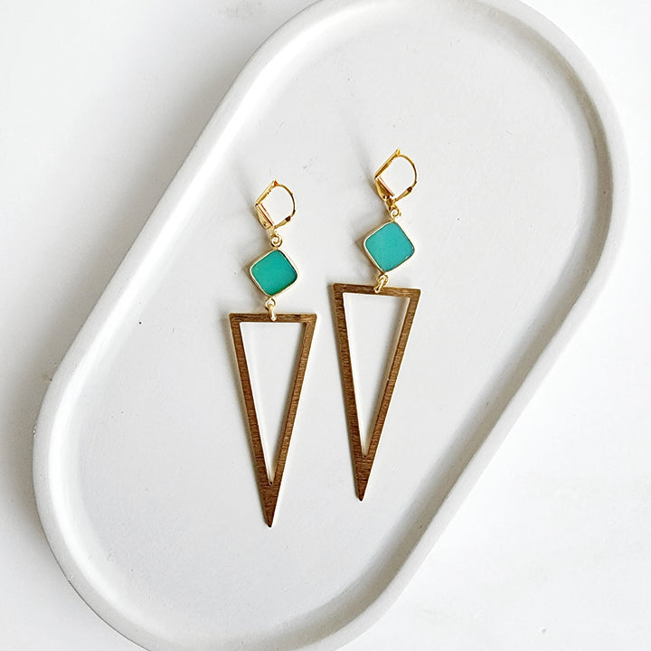 Green Onyx Triangle Statement Earrings in Brushed Gold