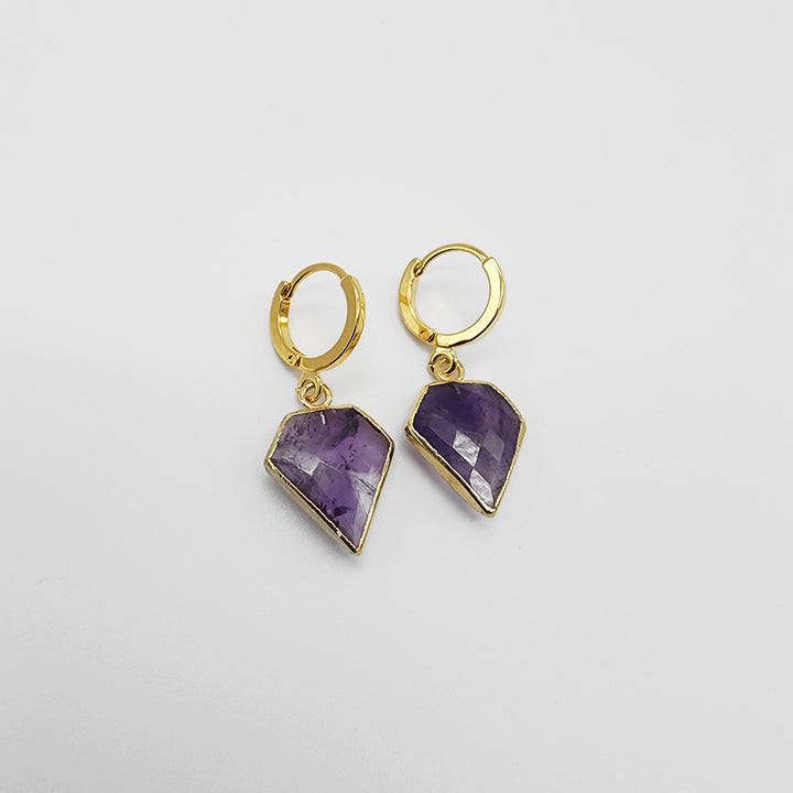 Dainty Amethyst Diamond Shield Hoop Earrings in Gold