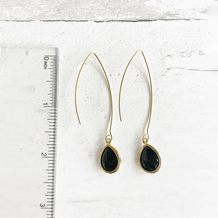 Simple Black Glass Stone Drop Earrings in Gold