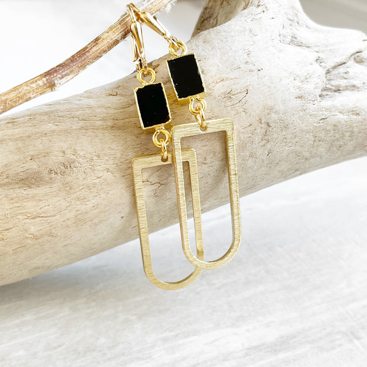 Black Onyx Horseshoe Earrings in Brushed Brass Gold
