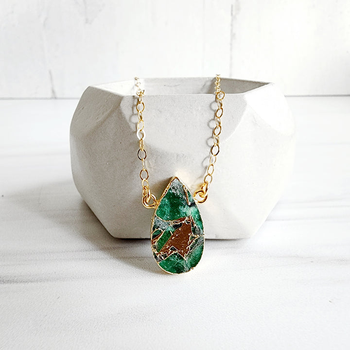 Emerald Green Mojave Teardrop Necklace in Gold and Silver