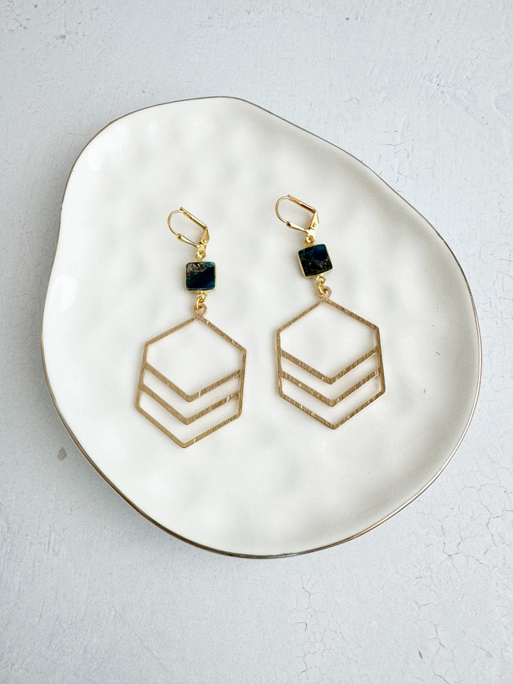 Double Hexagon Earrings with Teal Mojave Stones in Brushed Gold and Silver