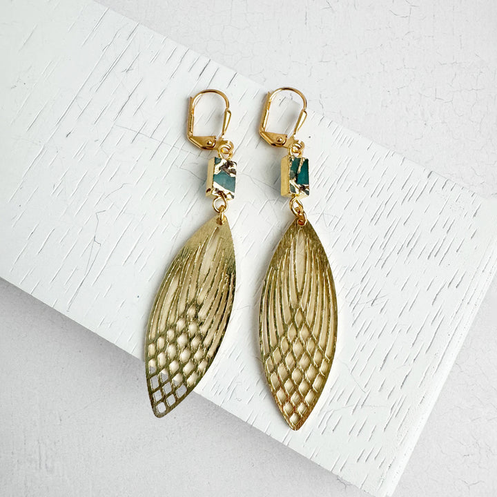 Teal Mojave Marquise Earrings in Brushed Gold