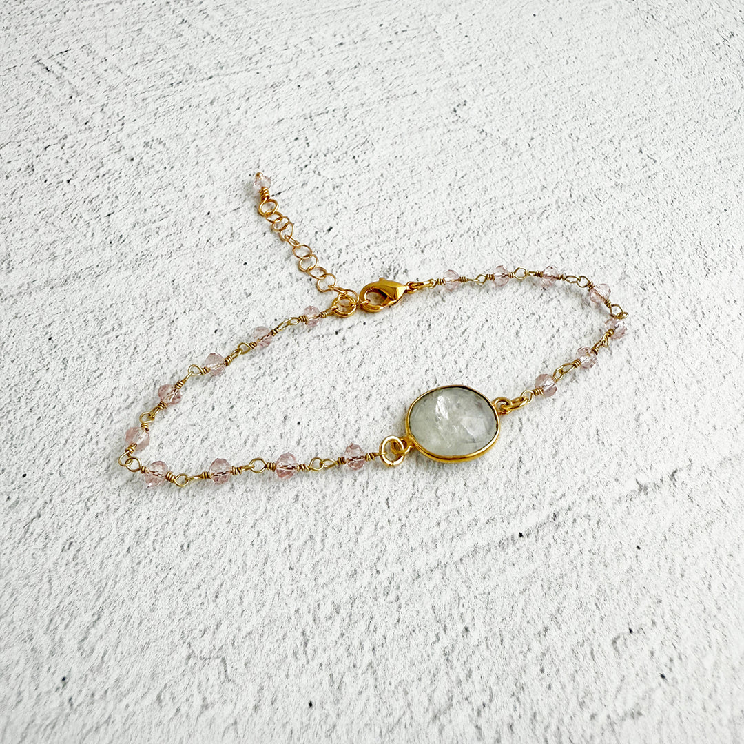 Moonstone and Pink Crystal Beaded Chain Bracelet in Gold