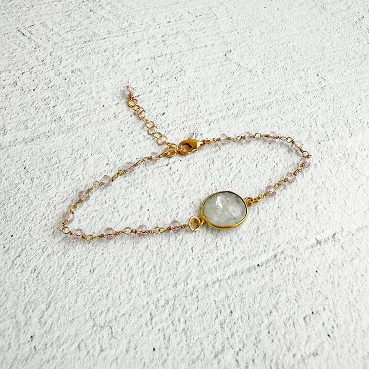 Moonstone and Pink Crystal Beaded Chain Bracelet in Gold