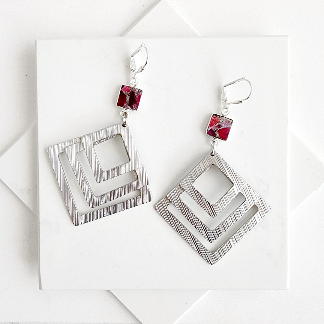 Fuchsia Mojave Square Statement Earrings in Brushed Silver