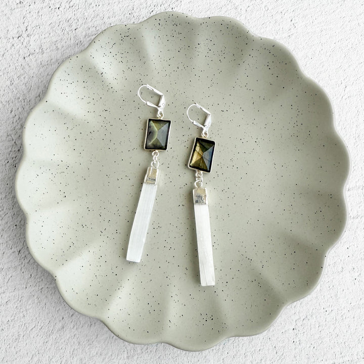 Labradorite and Selenite Bar Drop Earrings in Silver