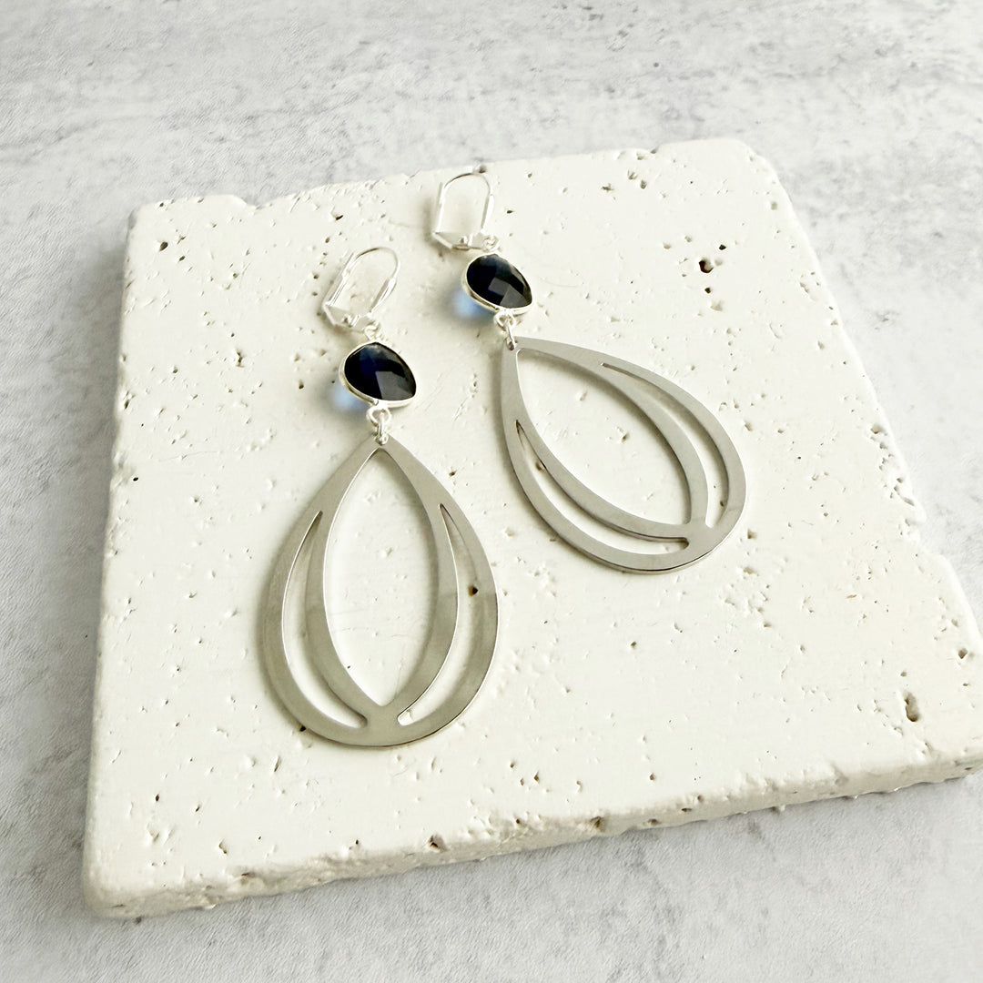 Blue Chalcedony and Layered Teardrop Statement Earrings in Silver