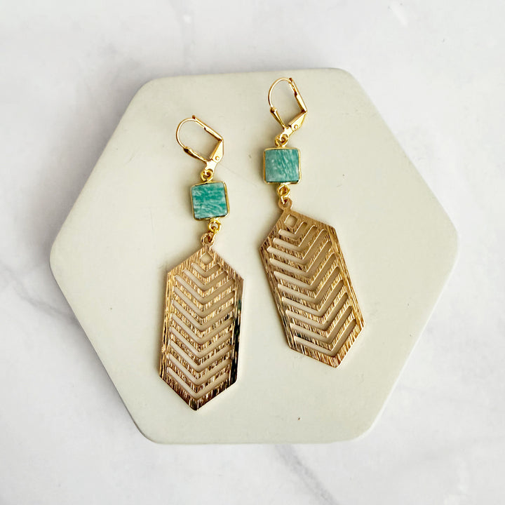 Amazonite Chevron Dangle Earrings in Brushed Gold