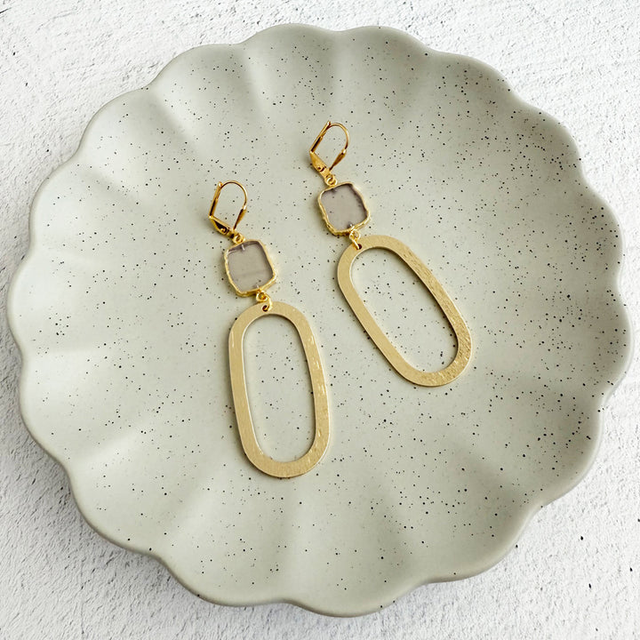 Pale Rose Quartz and Oval Earrings in Brushed Gold