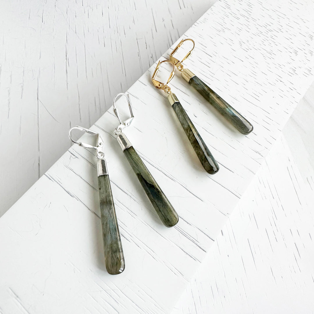Long Labradorite Drop Earrings in Gold and Silver