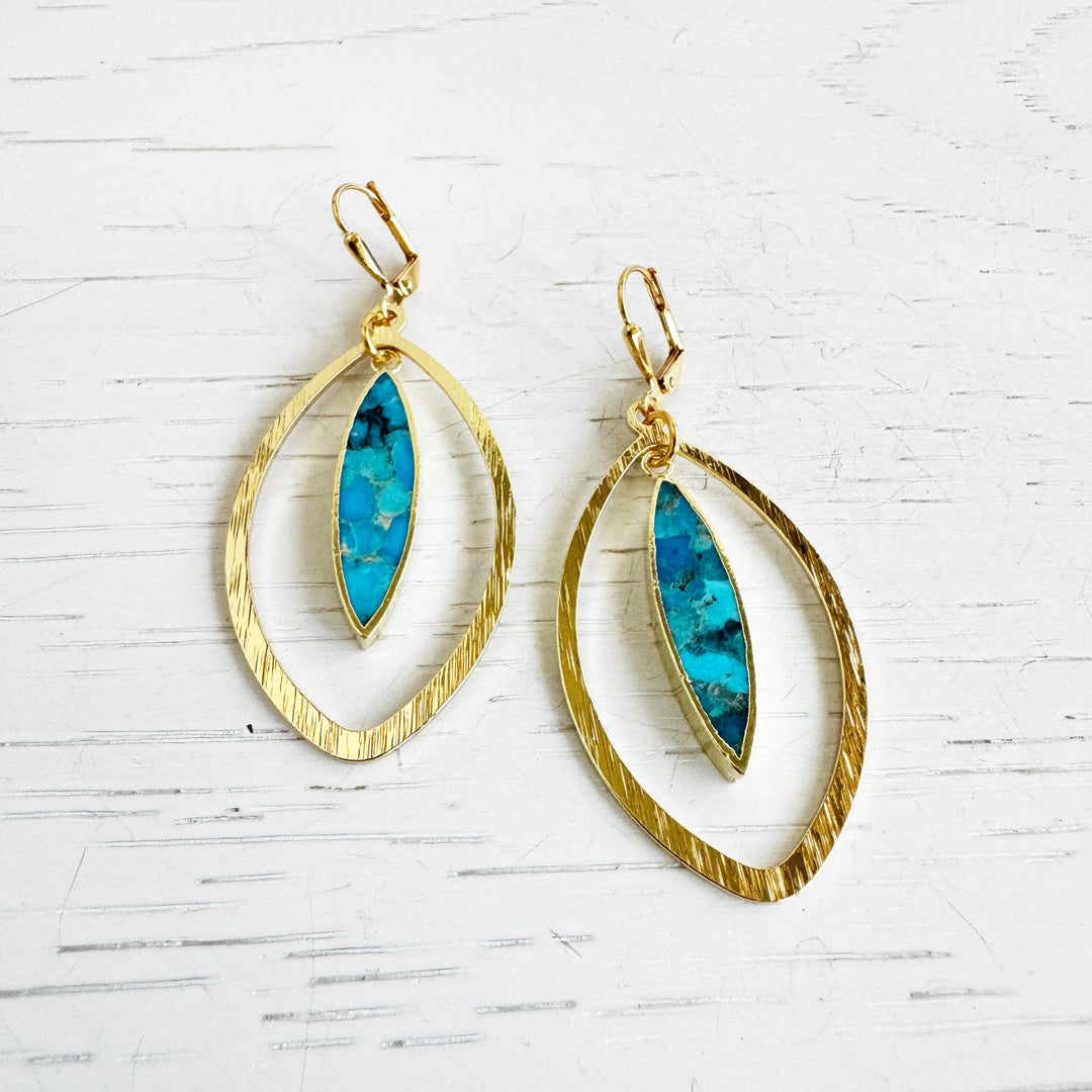 Turquoise Marquise Dangle Earrings in Brushed Gold