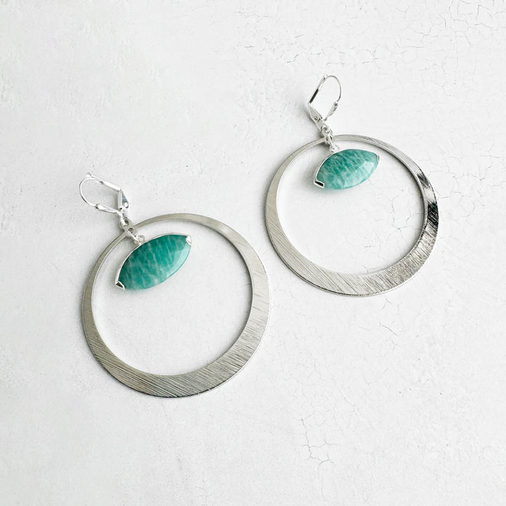 Amazonite Evil Eye Hoop Earrings in Brushed Silver