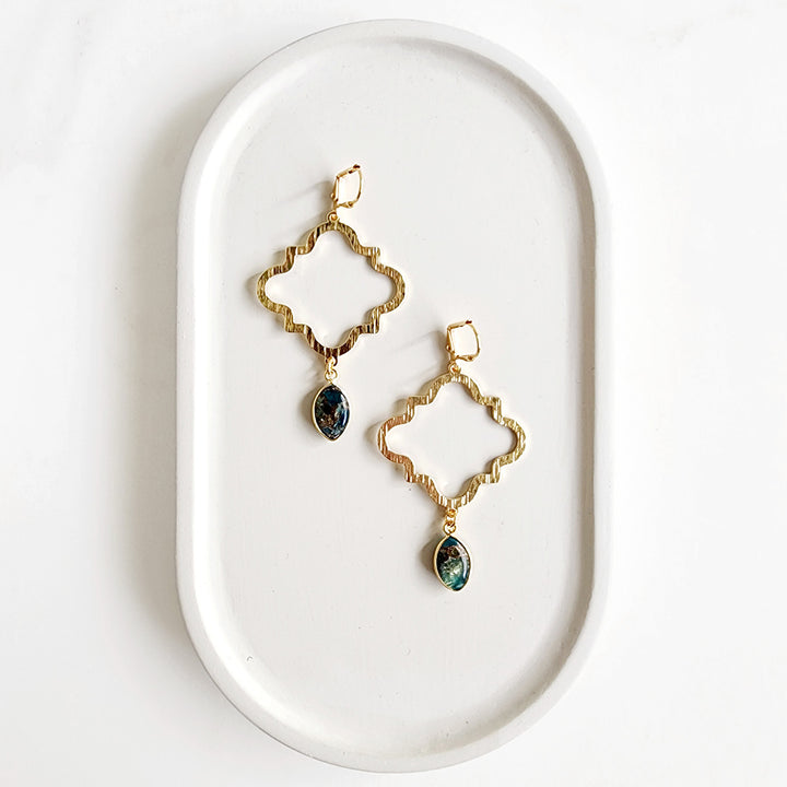 Quatrefoil Statement Earrings with Turquoise Mojave Stone in Brushed Brass Gold