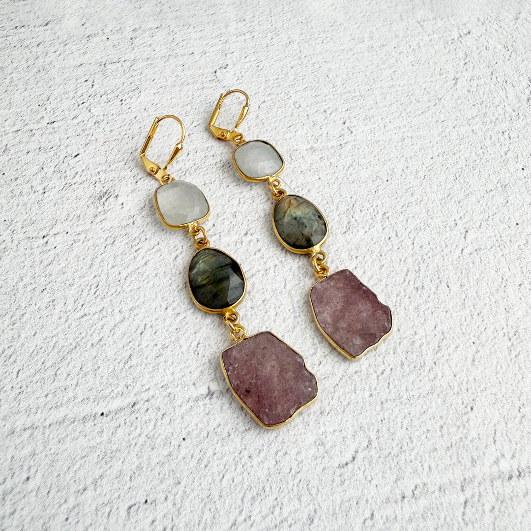 Long Freeform Gemstone Drop Earrings in Gold with Moonstone, Labradorite and Strawberry Quartz