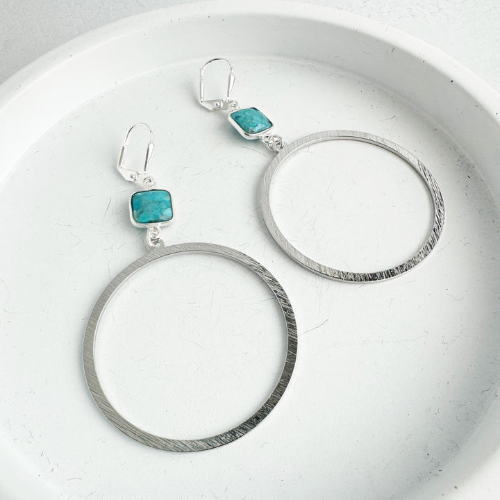 Turquoise Hoop Earrings in Brushed Silver