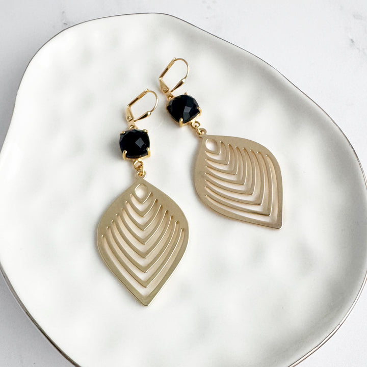 Black Onyx Prong Marquise Leaf Earrings in Gold