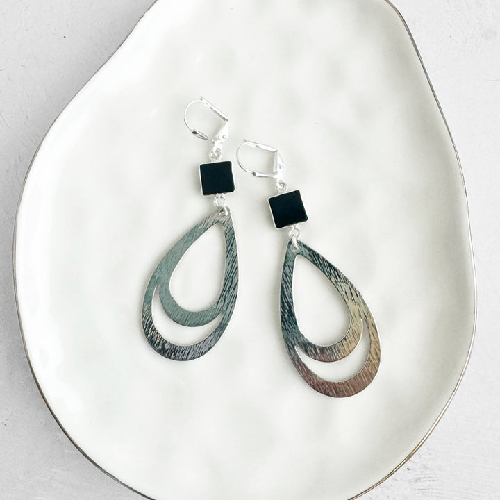 Black Onyx Double Teardrop Earrings in Brushed Silver