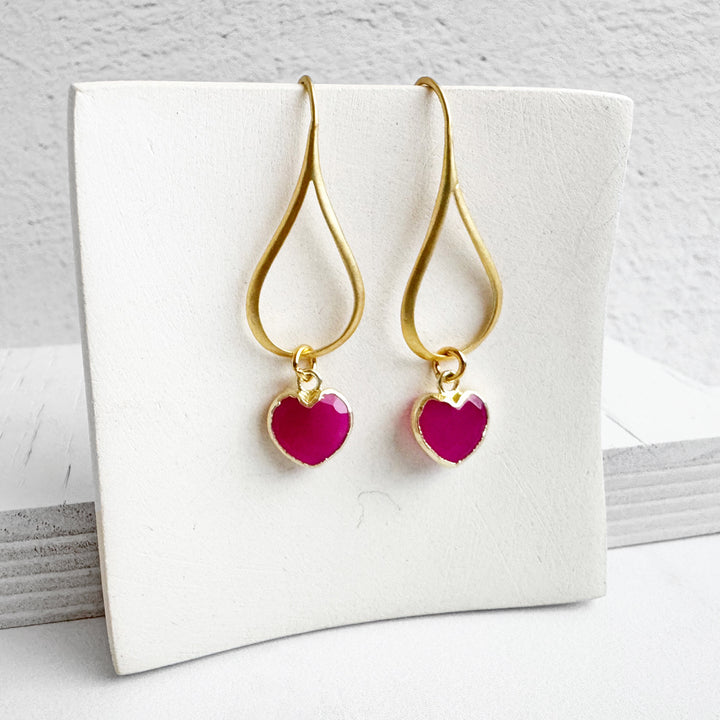 Dainty Fuchsia Chalcedony Heart Drop Earrings in Gold