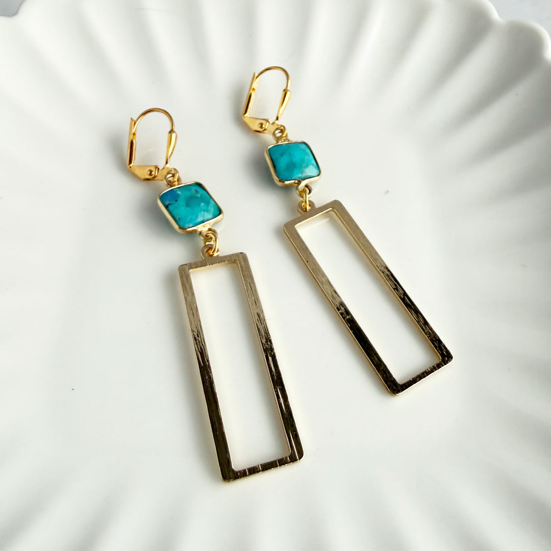Turquoise Rectangle Dangle Earrings in Brushed Gold
