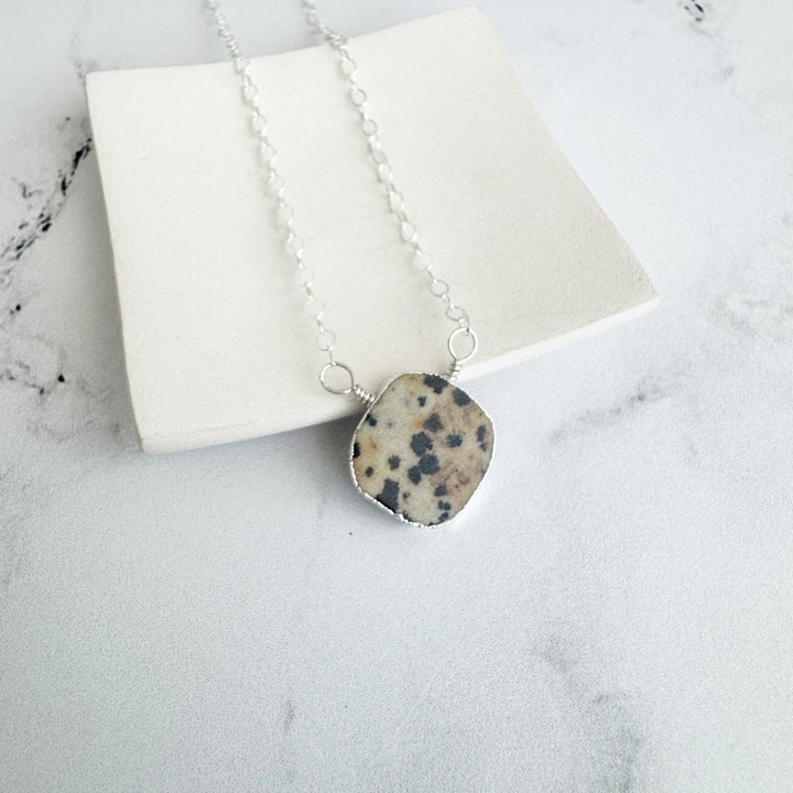 Dalmation Jasper Gemstone Slice Pendant Necklace in Silver. Layering Stone Necklace. Holiday Gift