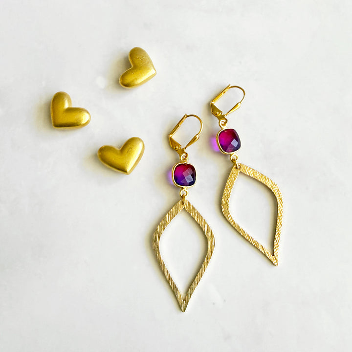 Pink Purple Aura Quartz Halo Drop Dangle Earrings