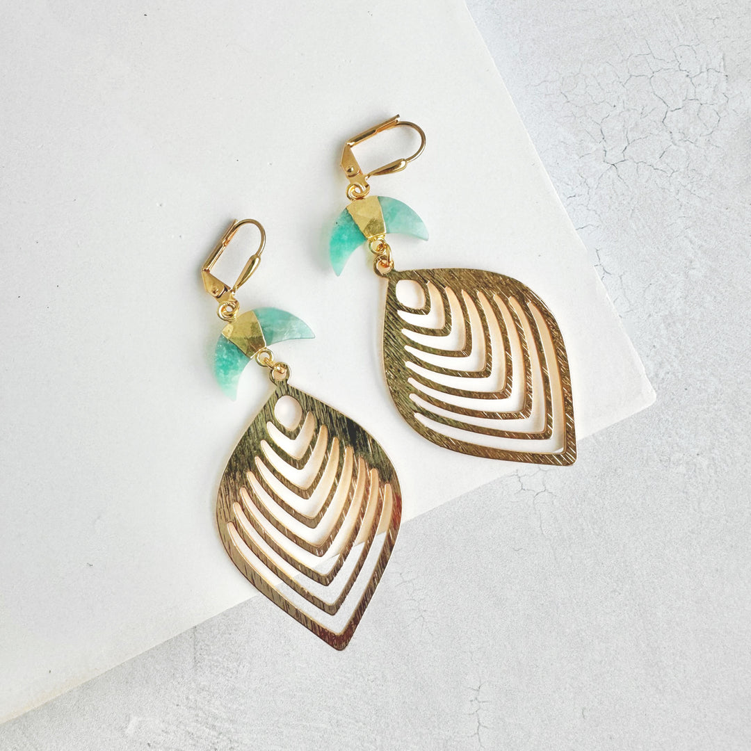 Amazonite Crescent and Leaf Dangle Earrings in Brushed Gold