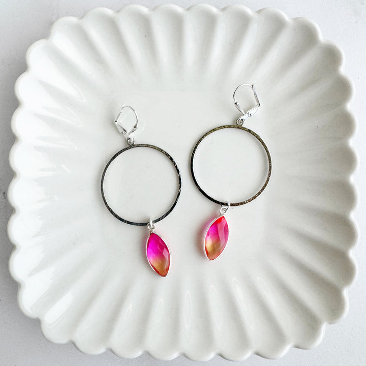 Pink Orange Aura Quartz Hoop Dangle Earrings in Silver