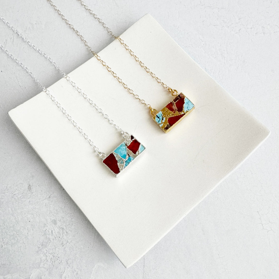 Turquoise and Red Mojave Bar Necklace in 14k Gold Filled and Sterling Silver