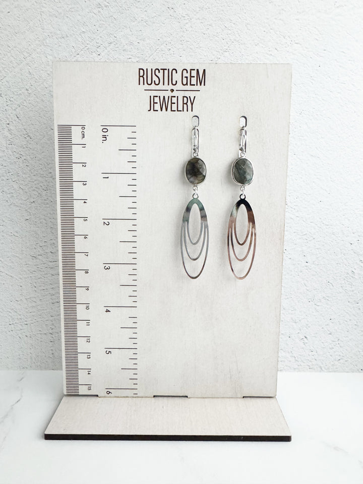 Labradorite Stone and Long Oval Statement Earrings in Silver