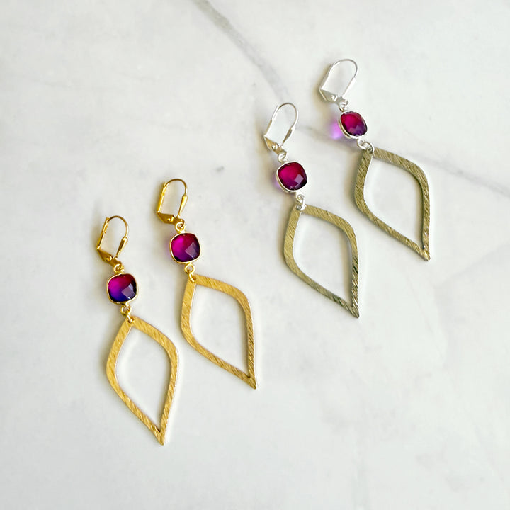 Pink Purple Aura Quartz Halo Drop Dangle Earrings