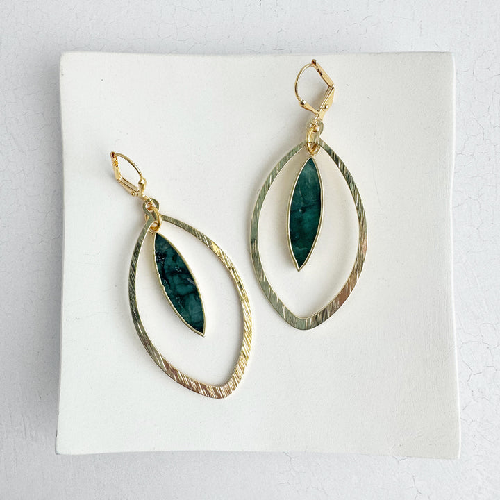 Raw Emerald Marquise Dangle Earrings in Brushed Gold