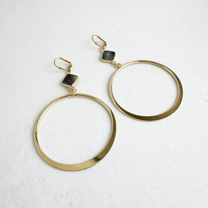 Labradorite Hoop Statement Earrings in Gold