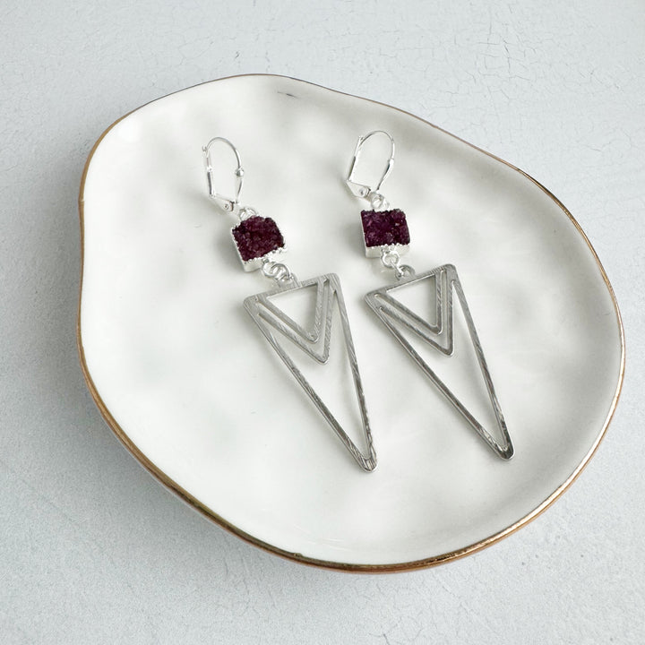 Burgundy Druzy and Layered Triangle Earrings in Brushed Silver or Gold