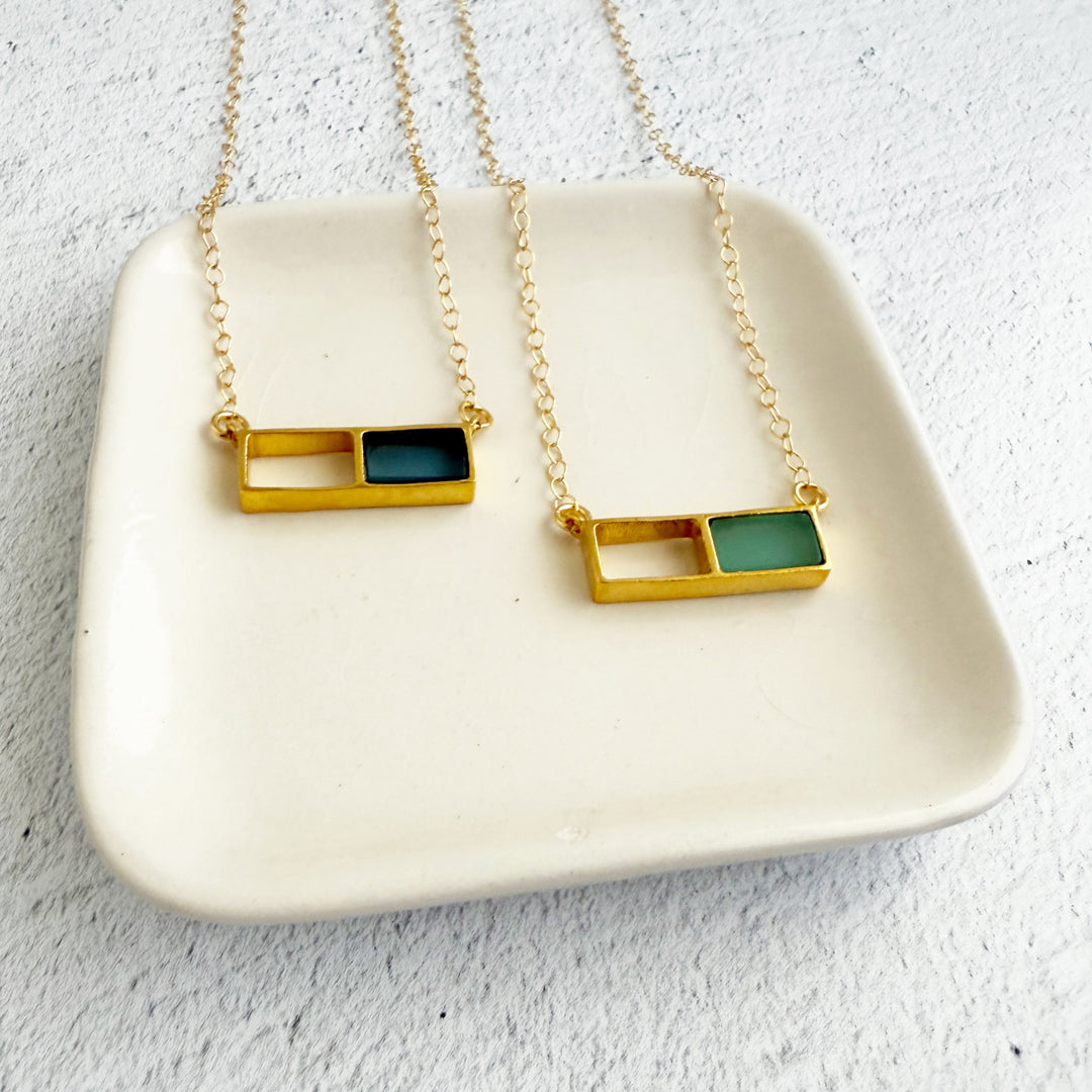 Rectangle Window Gemstone Pendant Necklace in Gold