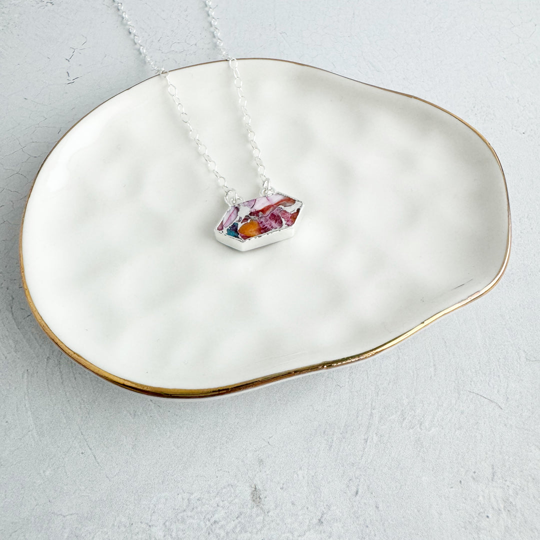 Pink Oyster Turquoise Rhombus Pendant Necklace on on Sterling Silver Chain.