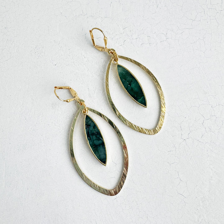 Raw Emerald Marquise Dangle Earrings in Brushed Gold