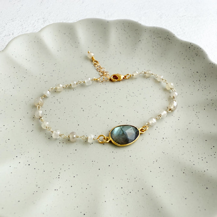 Labradorite and Moonstone Beaded Chain Bracelet in Gold