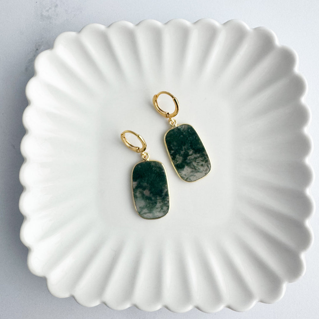 Statement Gemstone Slice Drop Earrings in Gold – Moss Agate