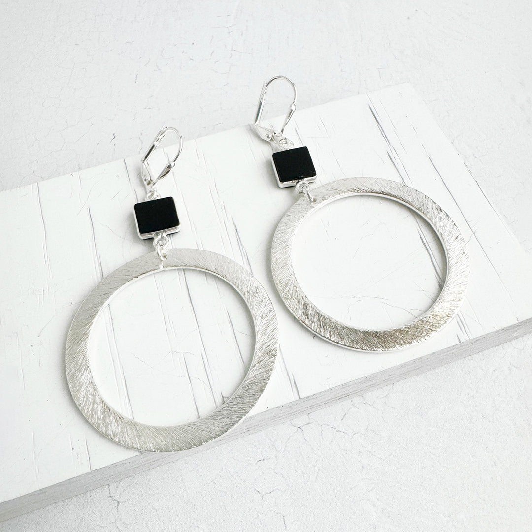 Black Onyx Hoop Earrings in Brushed Silver